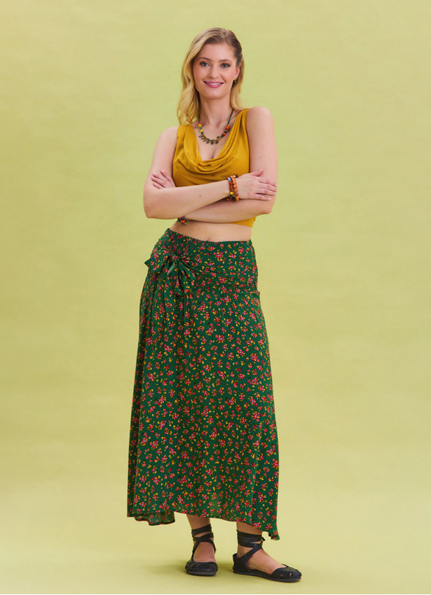 Gipe Waist Tied Green Patterned Ethnic Skirt 4501